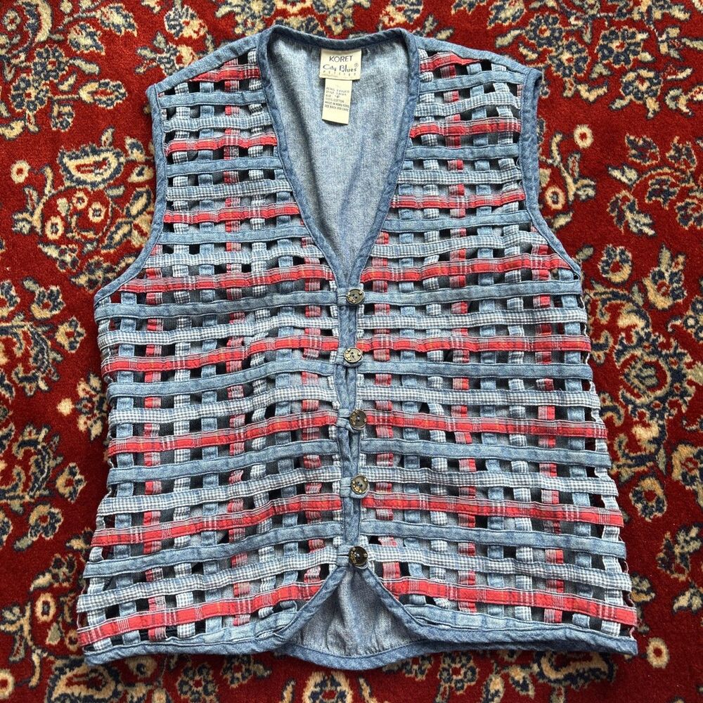 Cottagecore Boho Lattice Cutout Vintage Denim Vest Koret City Blue Petites